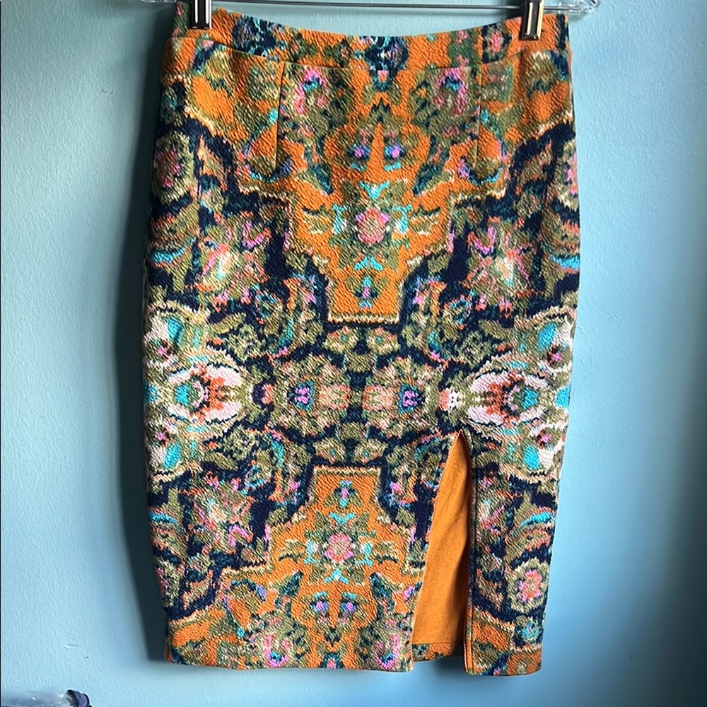 Maeve Orange Multicolor Brocade Pencil Skirt with Front Slit